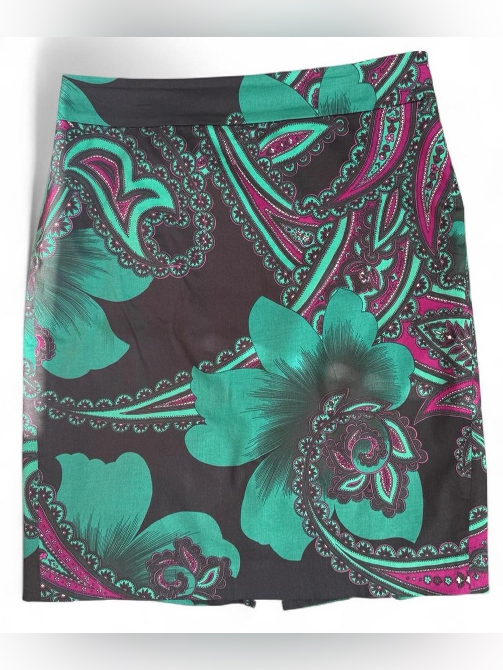 Ann Taylor Paisley Floral Pencil Skirt Size 8 | Teal Magenta Charcoal Cotton